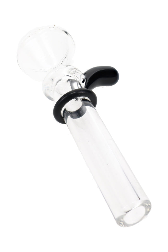 Black handle Ancient Creations glass slide bowl with clear tube and black sealing ring close-up