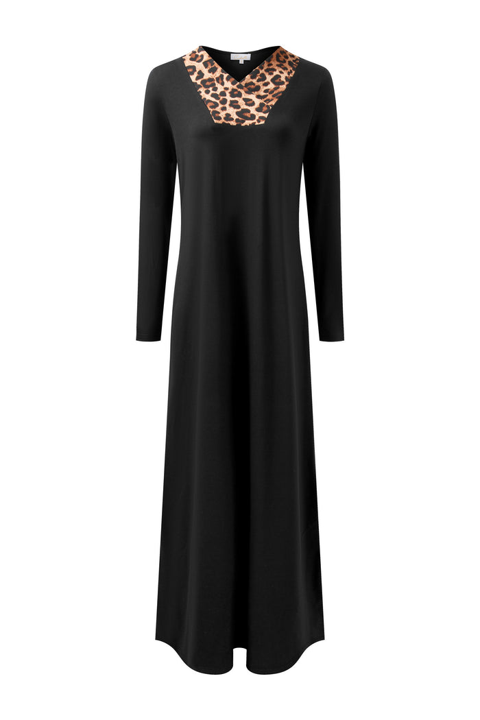 Black nightgown sleepwear with leopard print neckline