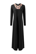Black V-neck nightgown with long sleeves and animal-print neckline trim