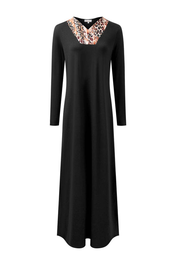 Black V-neck nightgown with long sleeves and animal-print neckline trim
