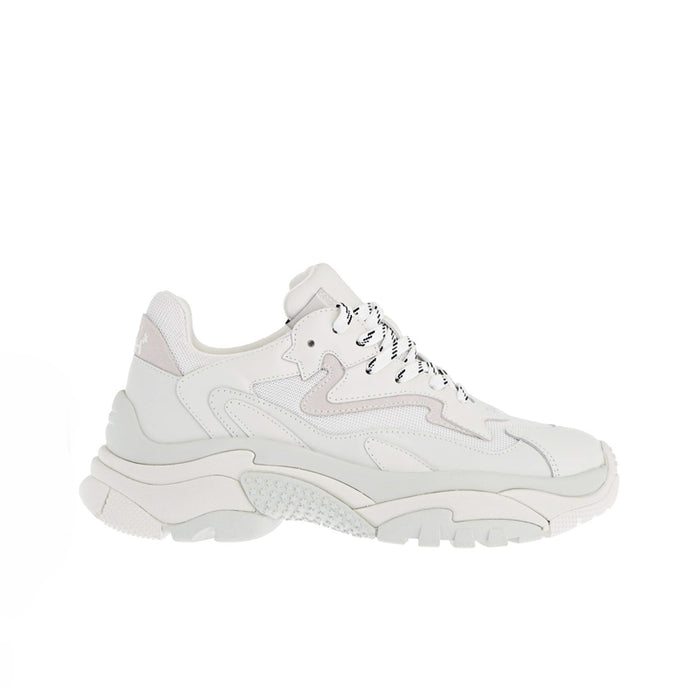 Women’s white leather dad sneakers with lace-up front and chunky sole