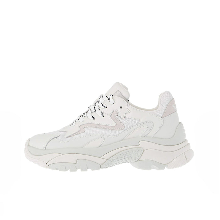 Women’s white leather dad sneakers, side view with lace-up and stitched overlays