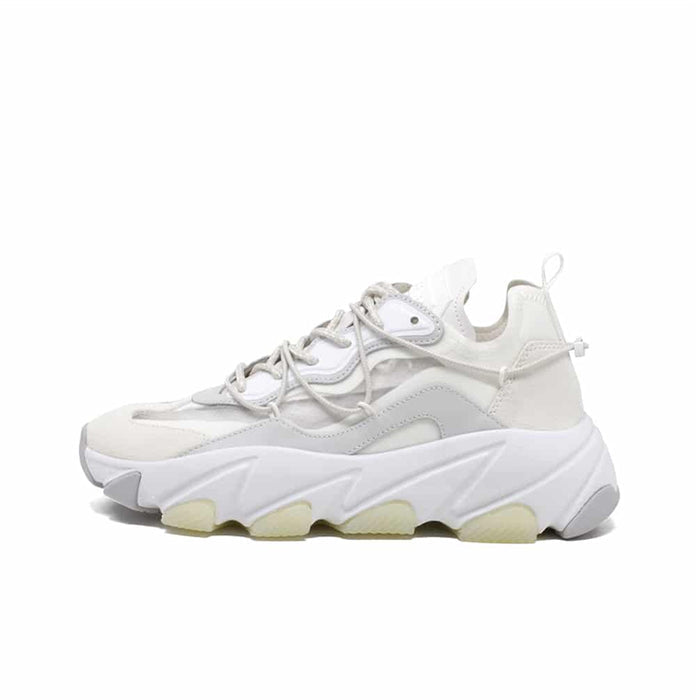 Women's white leather sneakers side view with lace-up and cushioned sole