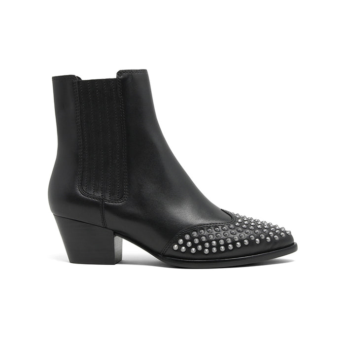 Black leather ankle boots with elastic side panels and chunky heel; studded toe cap.