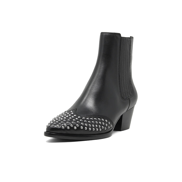Black leather Chelsea boots with elastic gores and chunky heel; studded front toe.