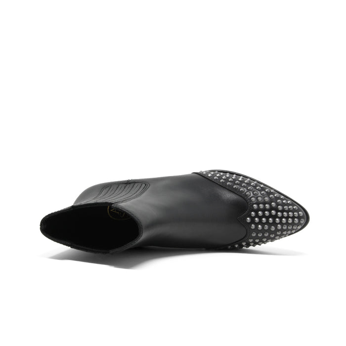 Black leather boot with studded toe detail and chunky heel, side elastic panel.