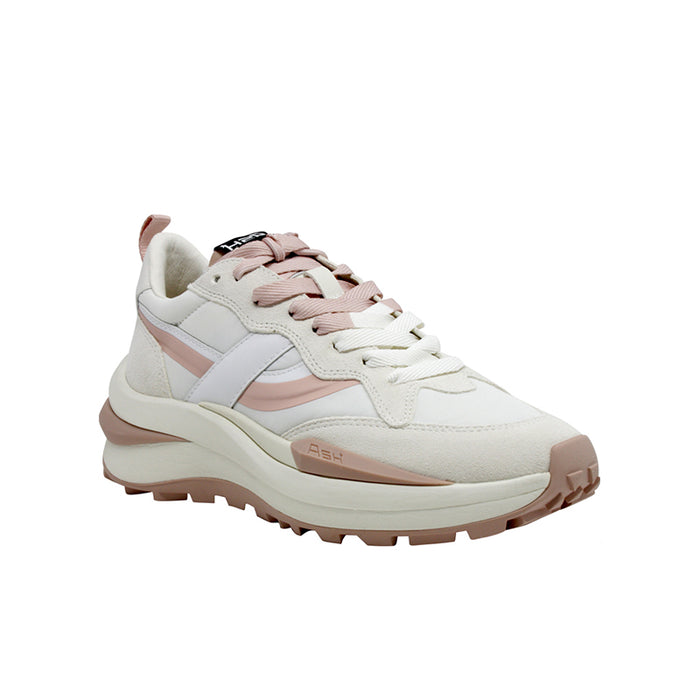 Women’s white sneakers with blush pink accents, lace-up, chunky sole, side logo patch