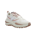 Women’s white sneakers with blush pink accents, lace-up, chunky sole, side logo patch