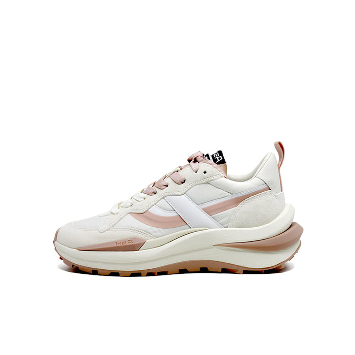Women’s white sneakers with blush pink lace and side stripe, chunky rubber sole