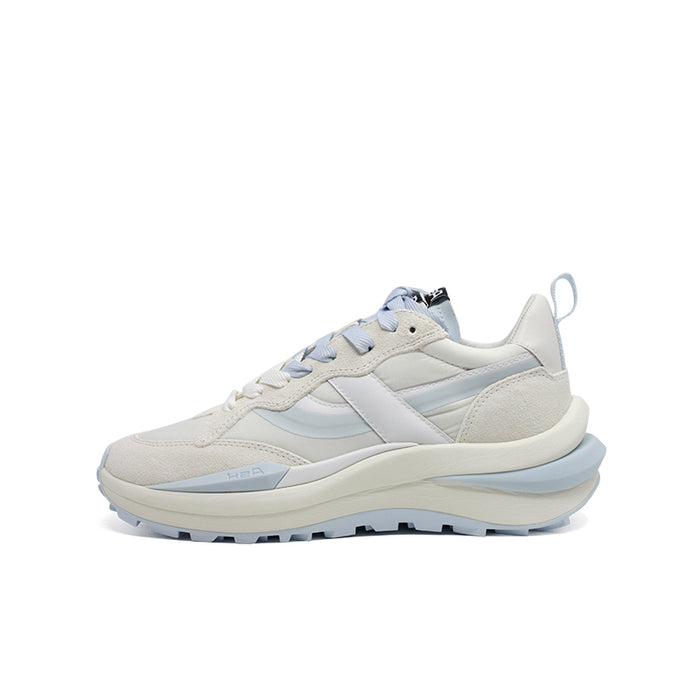Women’s white sneakers with light blue laces and side stripe, chunky sole