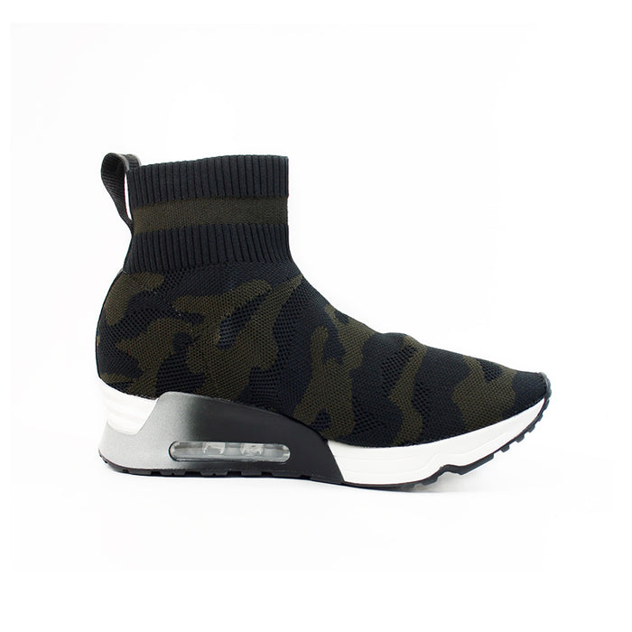 Camo knit sock sneaker boot with black ankle cuff and white air sole