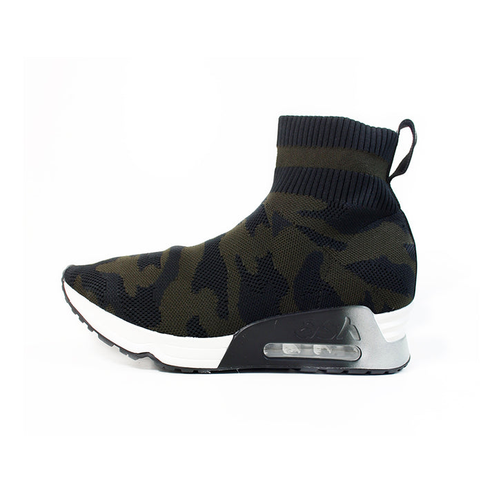 Camo knit sneaker boot with side air window and white midsole, black ankle cuff