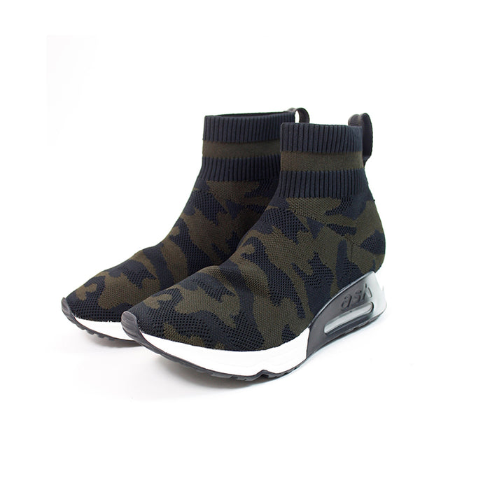 Camo knit sock sneaker boot with heel air window and white midsole, black outsole