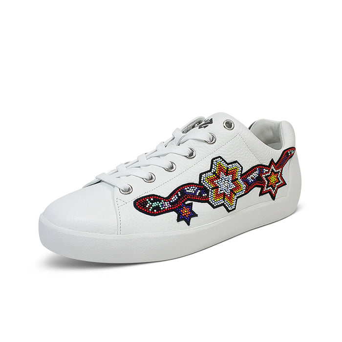 Women’s white leather sneakers, lace-up with colorful star graphic on side panel