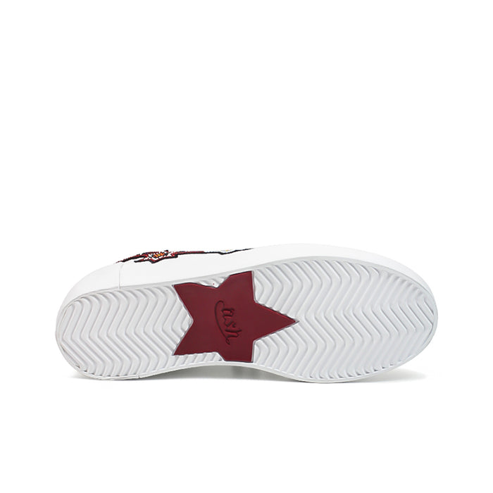 Women’s white leather sneakers outsole with textured tread and red star heel patch