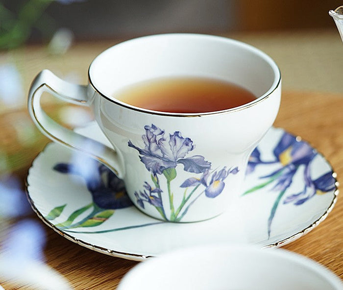 Beautiful Porcelain Tea Cup Saucer Set, Iris Flower British Tea Cups, Traditional English Tea Cup and Saucer, Unique Ceramic Coffee Cups in Gift Box-Paintingforhome