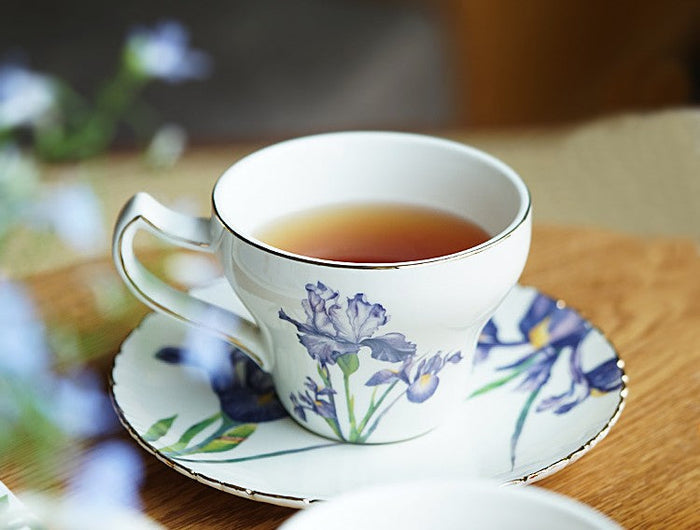 Beautiful Porcelain Tea Cup Saucer Set, Iris Flower British Tea Cups, Traditional English Tea Cup and Saucer, Unique Ceramic Coffee Cups in Gift Box-Paintingforhome