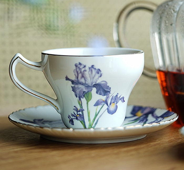 Beautiful Porcelain Tea Cup Saucer Set, Iris Flower British Tea Cups, Traditional English Tea Cup and Saucer, Unique Ceramic Coffee Cups in Gift Box-Paintingforhome