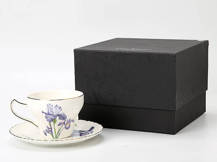 Beautiful Porcelain Tea Cup Saucer Set, Iris Flower British Tea Cups, Traditional English Tea Cup and Saucer, Unique Ceramic Coffee Cups in Gift Box-Paintingforhome