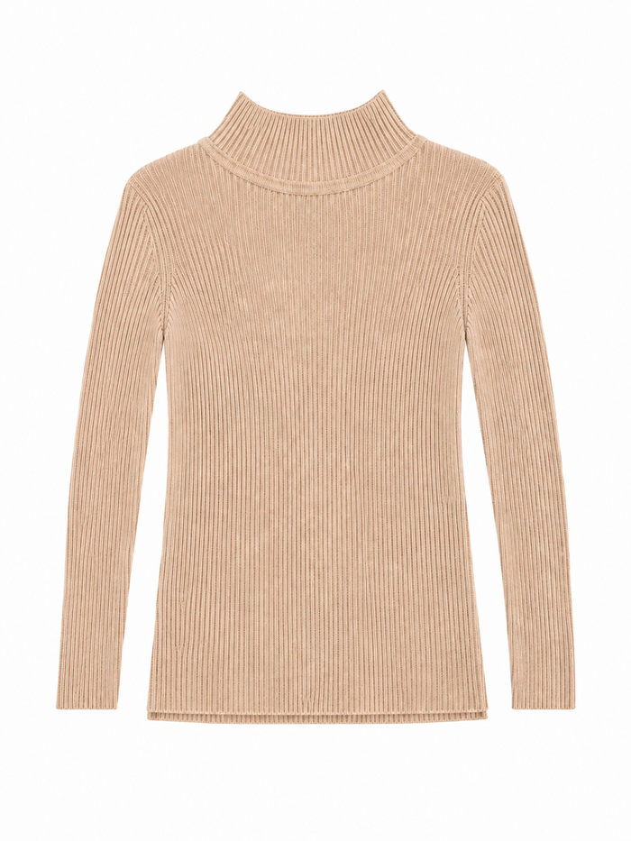 Beige ribbed mock turtleneck sweater for toddlers, kids and preteens.