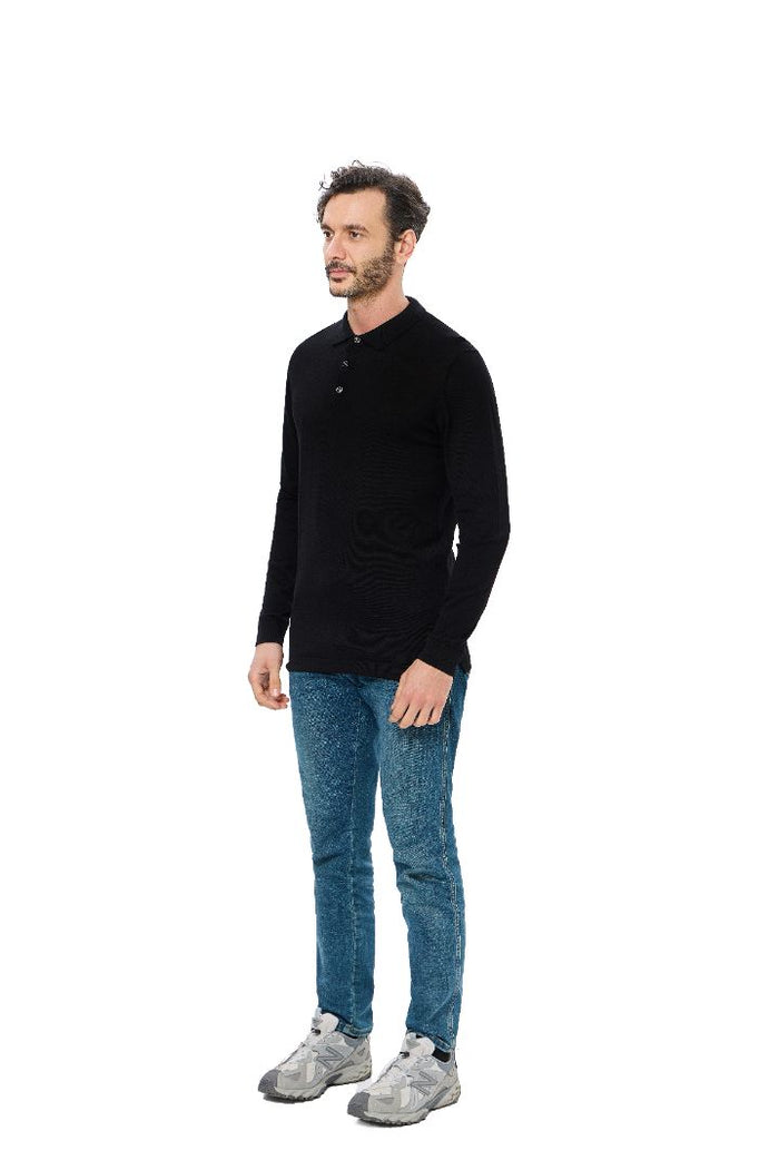 Black 3-Button Tencel Long Sleeve Polo