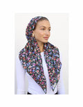 Pre-tied floral headscarf with velvet grip, dark base with pink and blue flowers