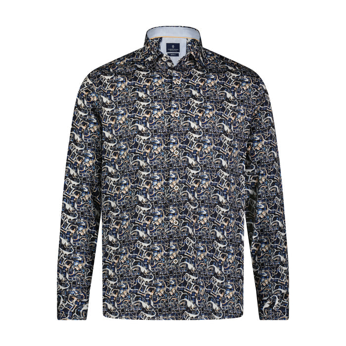 Black, Blue, and Tan Abstract Print Long Sleeve Shirt