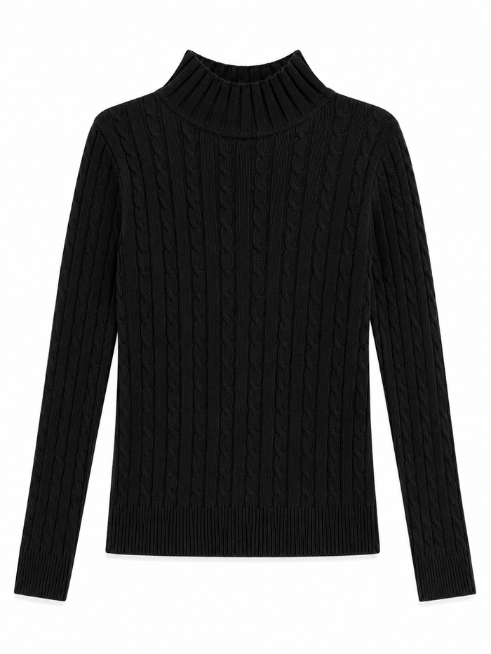 Black cable knit mock turtleneck sweater for toddlers, kids and preteens.
