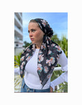Classic pre-tied floral headscarf in dark with multicolor blooms, soft drape