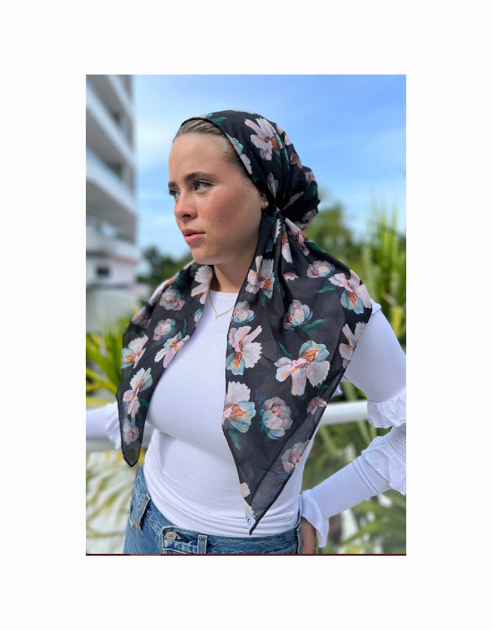Classic pre-tied floral headscarf in dark with multicolor blooms, soft drape