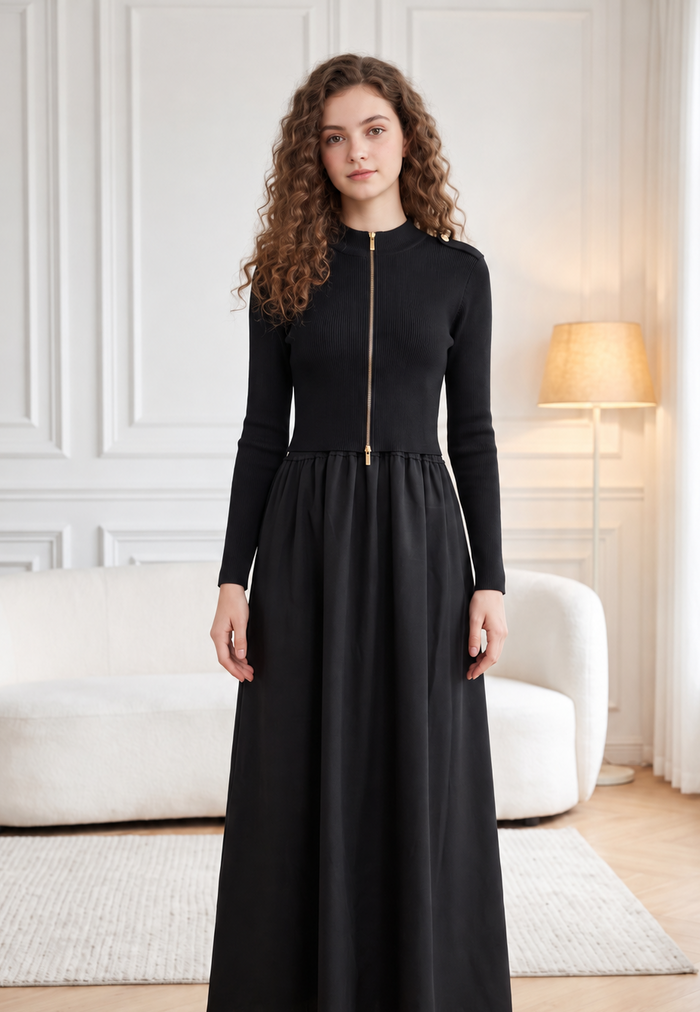 Black ribbed zip cardigan with long sleeves and black maxi jumper dress set