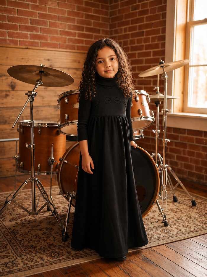 Sleeveless black jersey maxi dress with embroidered bodice for children.
