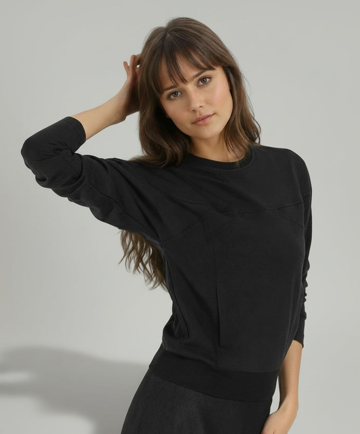 Black dolman-sleeve sweatshirt with wide neckline and ribbed cuffs, side view