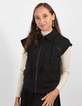Black utility zip vest with stand collar and two front pockets