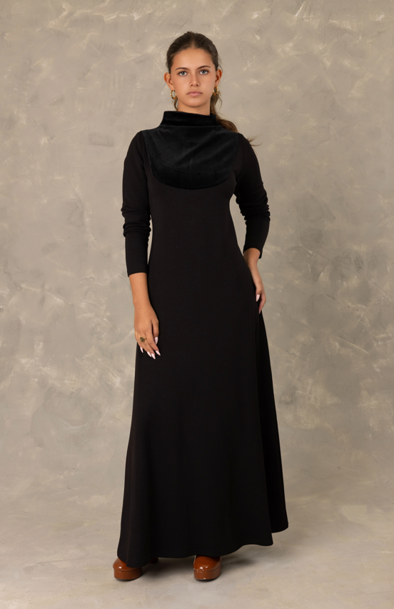 Long sleeved jersey maxi dress with velvet cowl neck faux layer.