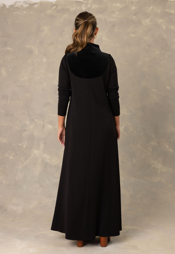 Long sleeved jersey maxi dress with velvet cowl neck faux layer.