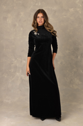 Long sleeved velvet maxi dress with ribbed cowl neck and crystal embellishment.