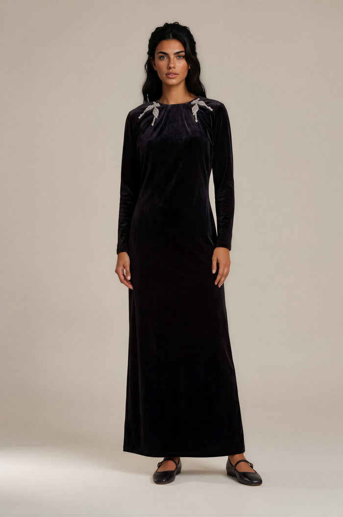Black velvet maxi dress, long sleeves, crystal shoulder accents and round neckline
