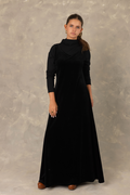 Long sleeve black velvet faux layered maxi dress.