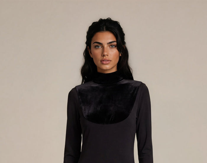 Black velvet satin maxi dress with high neckline and long sleeves