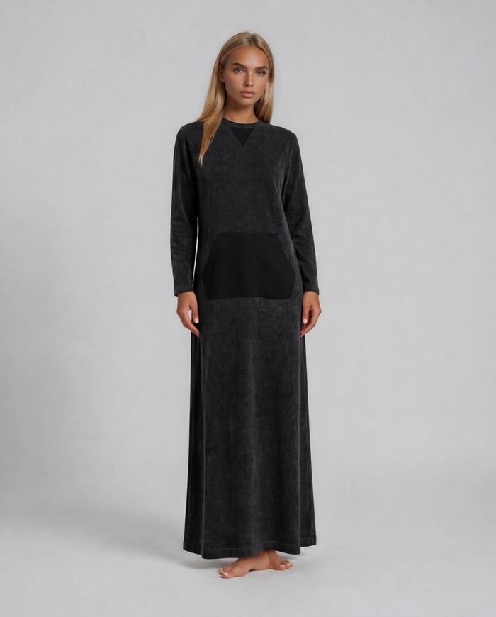 Black denim wash long sleeve pull on nightgown sleepwear with kangaroo pocket.