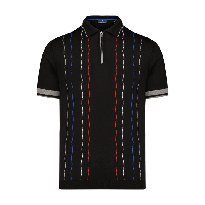 Black with Multi Wavy Trim Short Sleeve Knit Polo