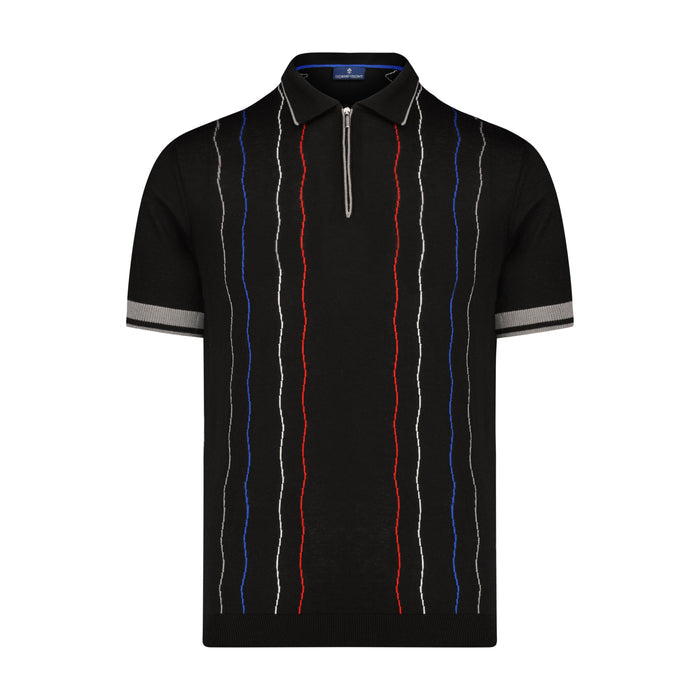 Black with Multi Wavy Trim Short Sleeve Knit Polo