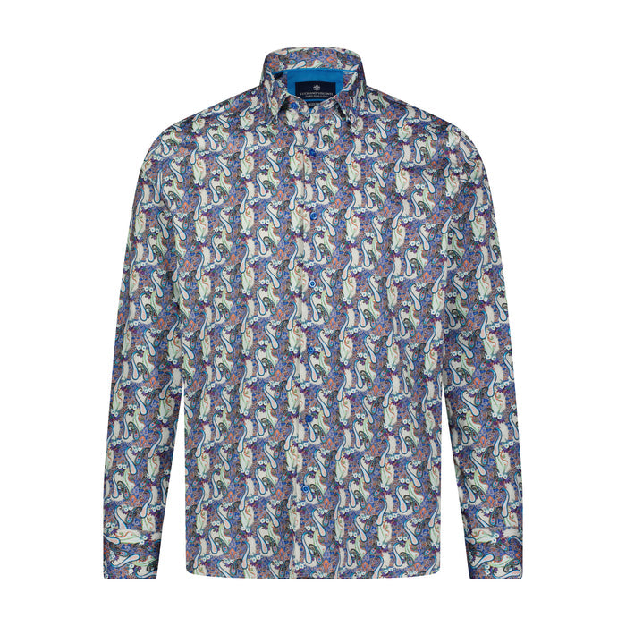 Blue, Aqua, Purple, and Orange Paisley Print Long Sleeve Shirt
