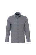 Blue Geo Print Button Down Shirt with Multicolor Leaves
