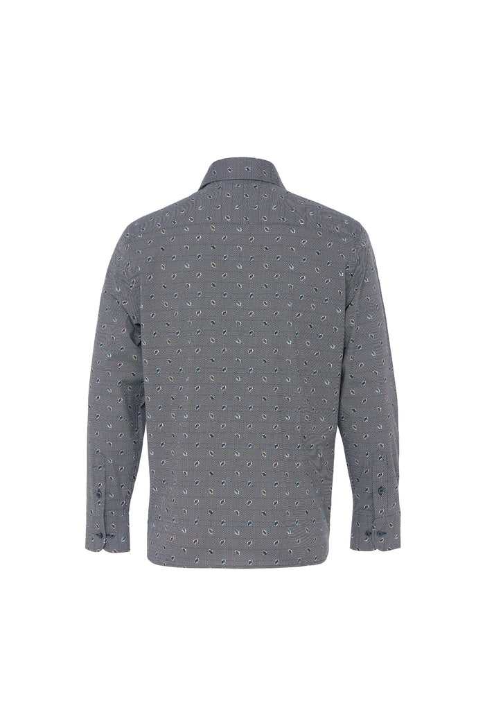Blue Geo Print Button Down Shirt with Multicolor Leaves