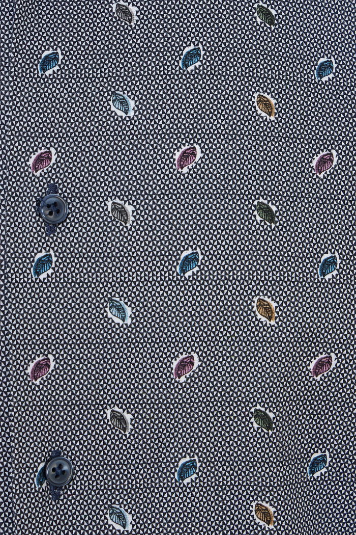 Blue Geo Print Button Down Shirt with Multicolor Leaves
