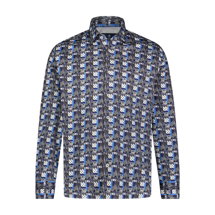 Blue, Navy, and White Multi Print Long Sleeve Shirt