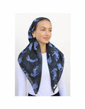 Pre-tied tiger print headscarf, dark blue with light blue tigers.
