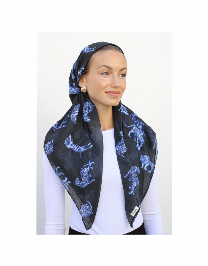 Pre-tied tiger print headscarf, dark blue with light blue tigers.